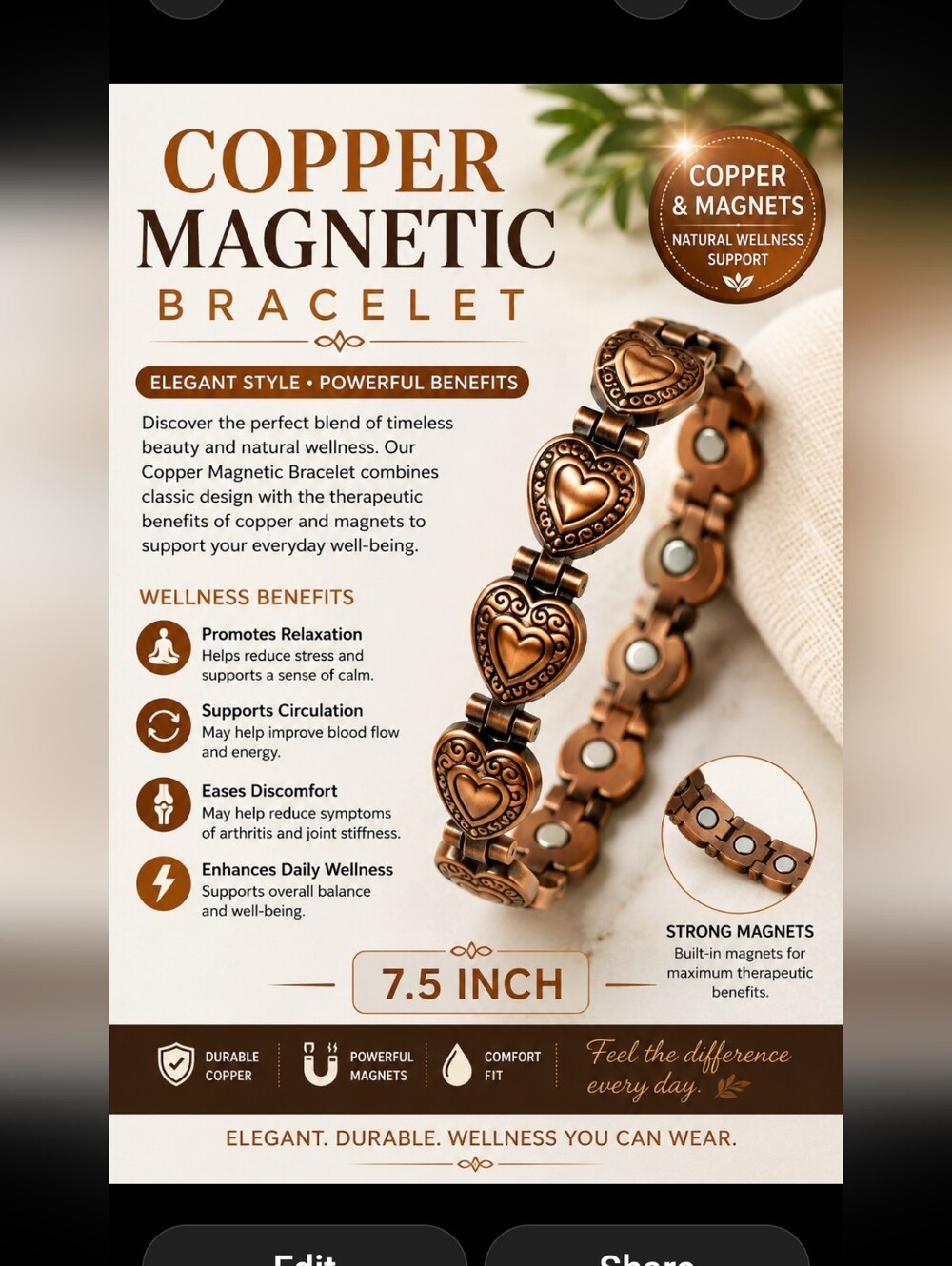 Copper Heart Magnetic Bracelet - Copper
